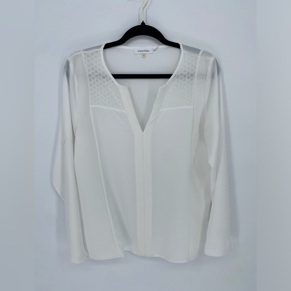 Calvin Klein white sheer blouse with roll up button adjustable sleeves med - Picture 1 of 11